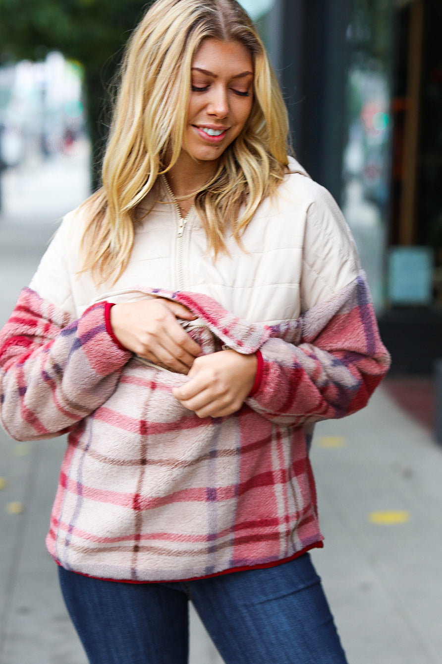 Pick Up - Tried & True Oatmeal & Garnet Plaid Half Zip Puffer Hoodie