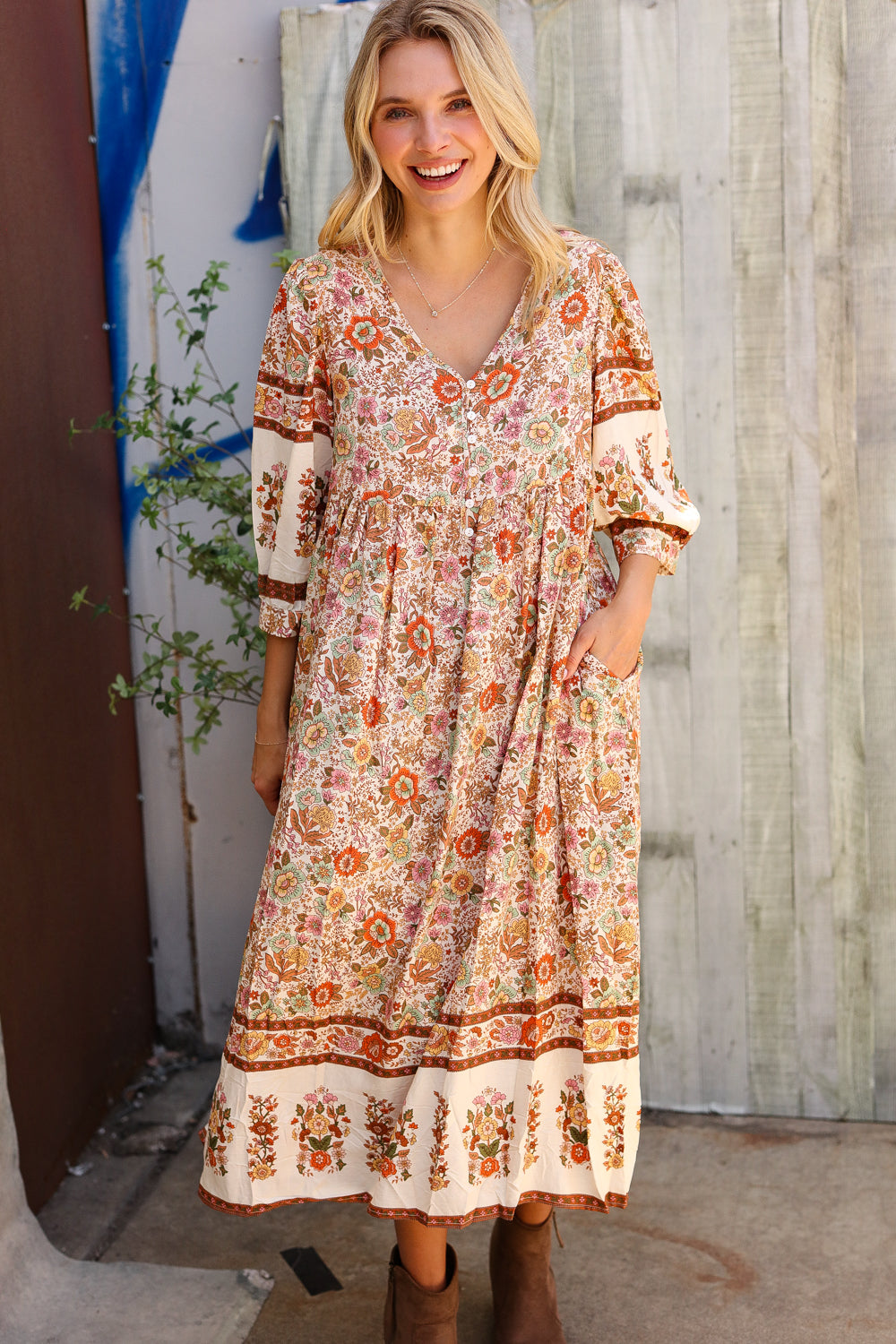 Pick Up - Love Found In Boho Front Button Banded Sleeve Midi Dress