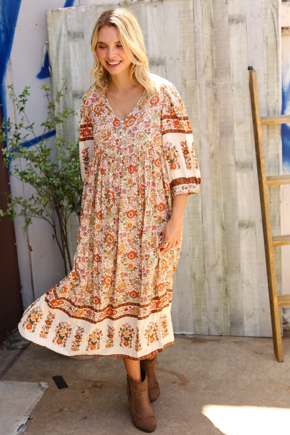 Pick Up - Love Found In Boho Front Button Banded Sleeve Midi Dress