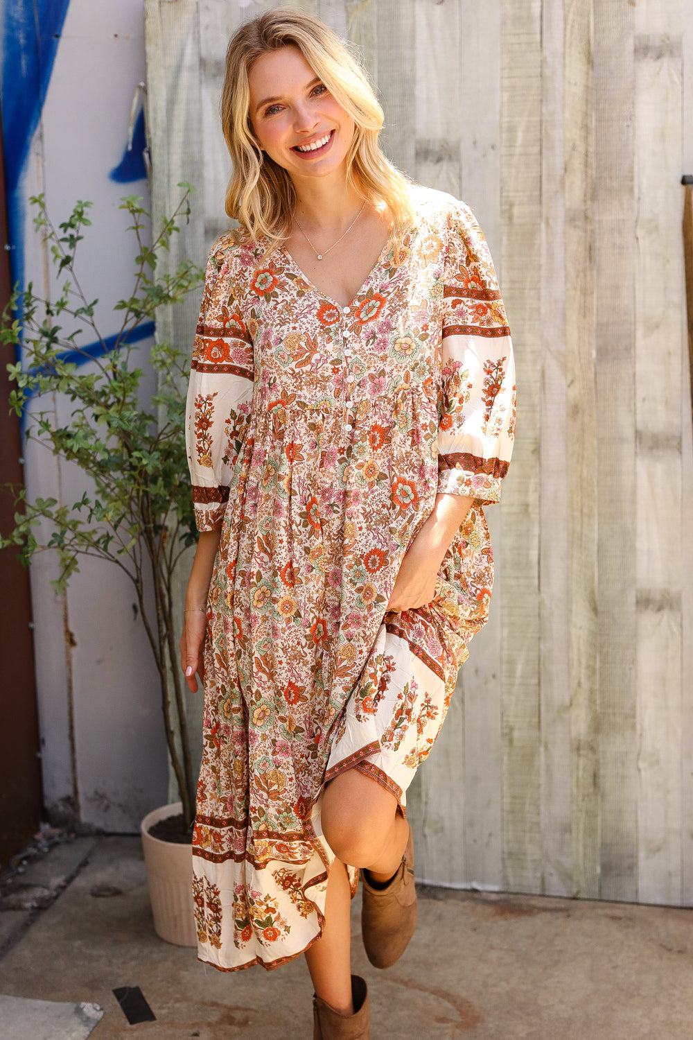 Pick Up - Love Found In Boho Front Button Banded Sleeve Midi Dress