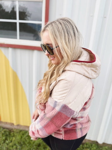 Pick Up - Tried & True Oatmeal & Garnet Plaid Half Zip Puffer Hoodie