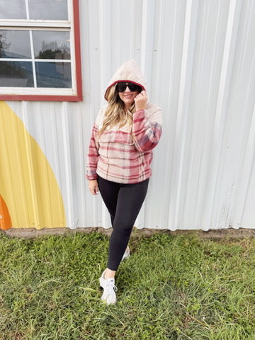 Pick Up - Tried & True Oatmeal & Garnet Plaid Half Zip Puffer Hoodie