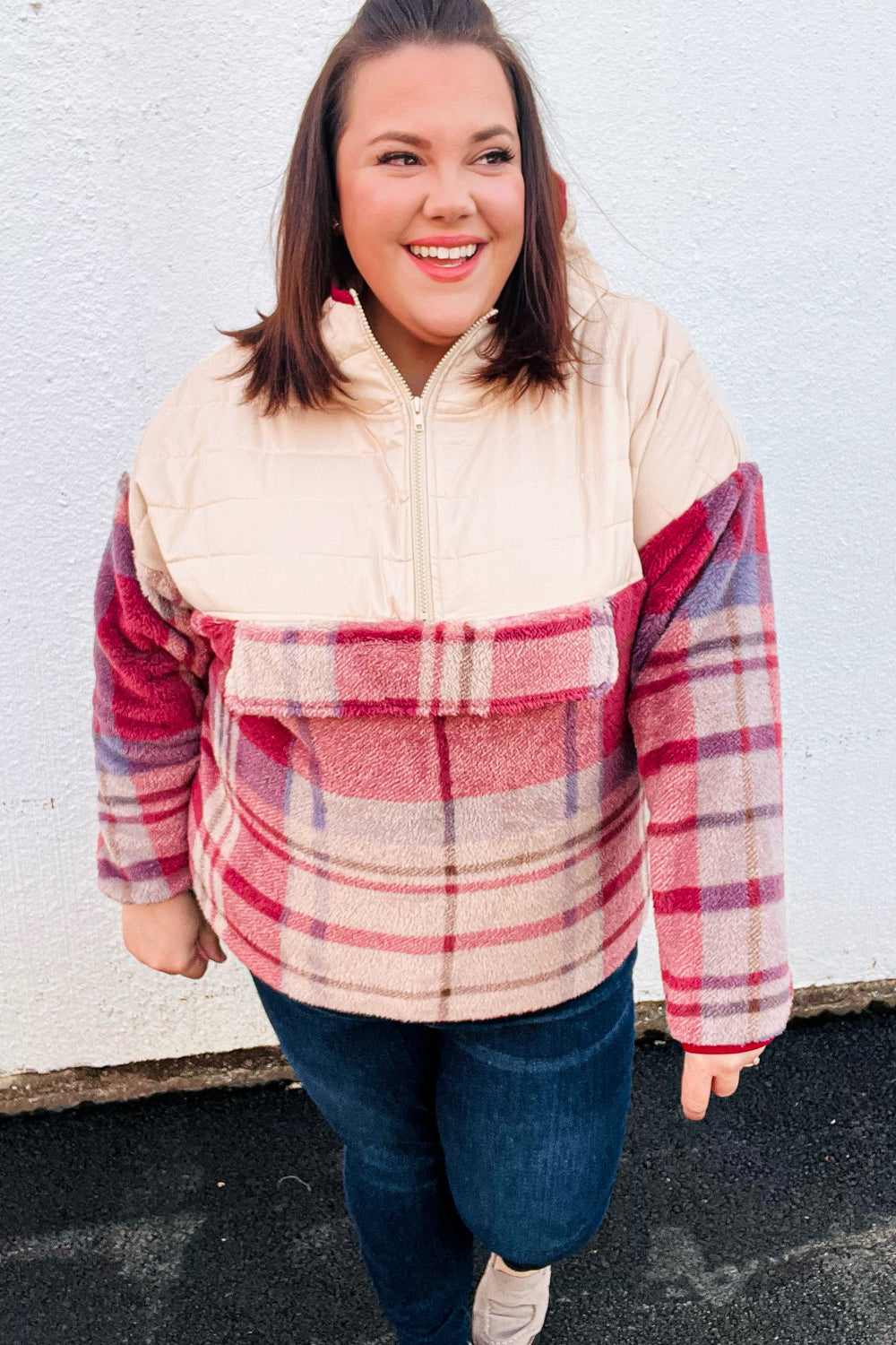 Pick Up - Tried & True Oatmeal & Garnet Plaid Half Zip Puffer Hoodie