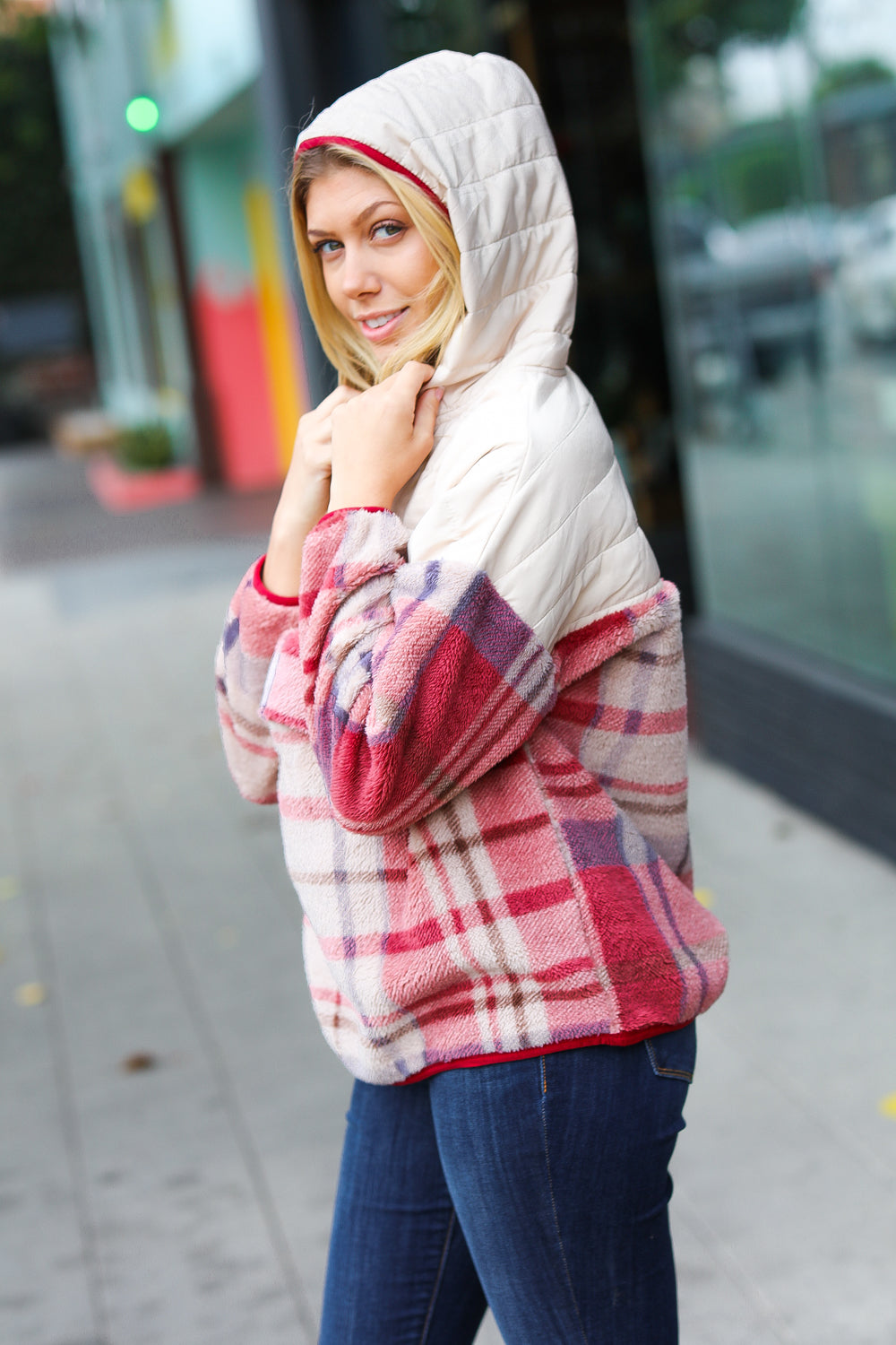 Pick Up - Tried & True Oatmeal & Garnet Plaid Half Zip Puffer Hoodie