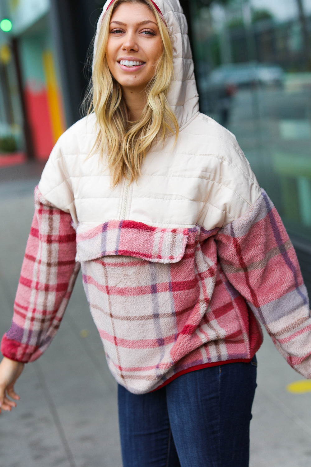 Pick Up - Tried & True Oatmeal & Garnet Plaid Half Zip Puffer Hoodie