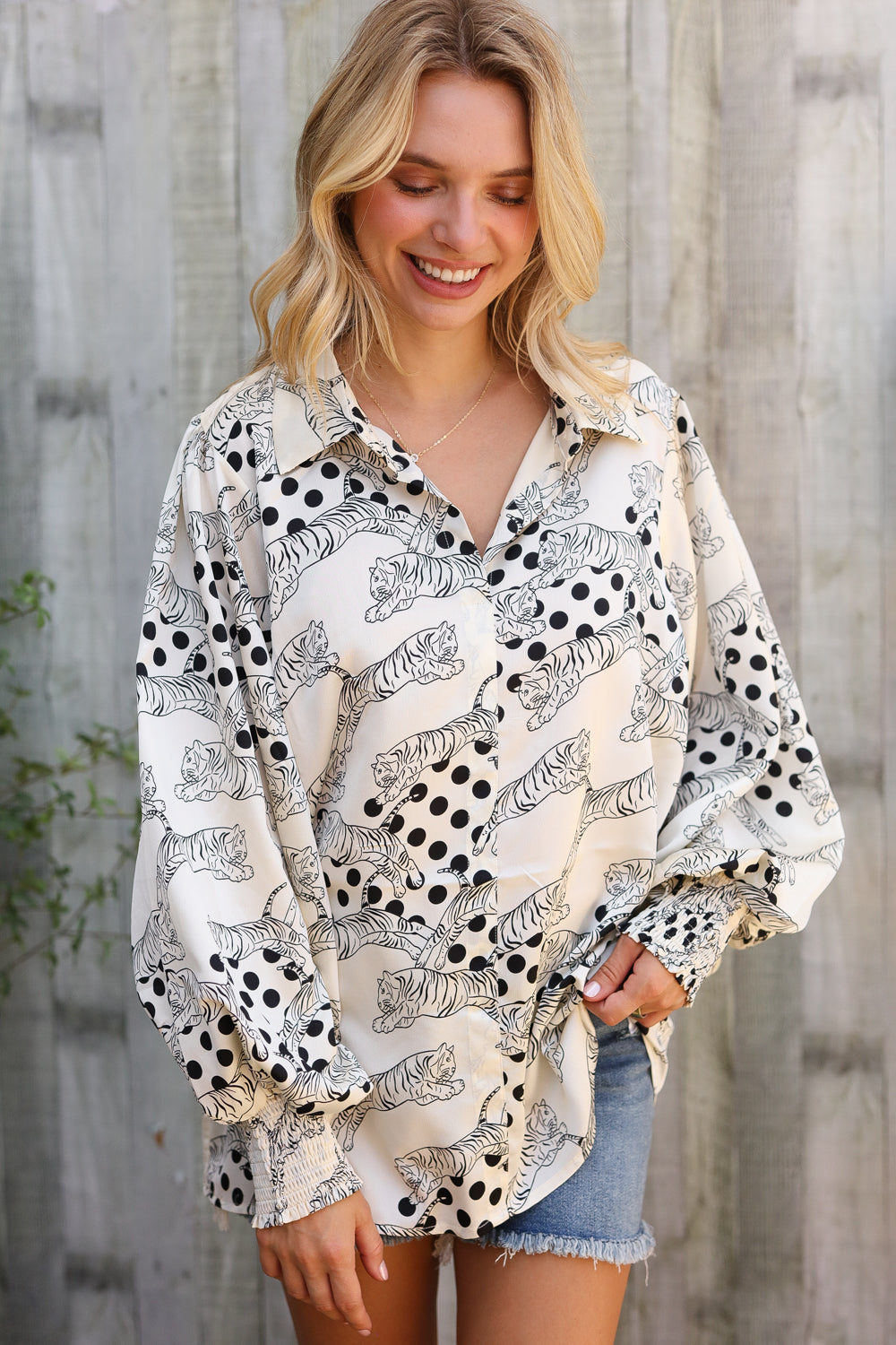 Pick Up - Dazzle in Ivory Satin Button-Down Collared Long Sleeve Blouse