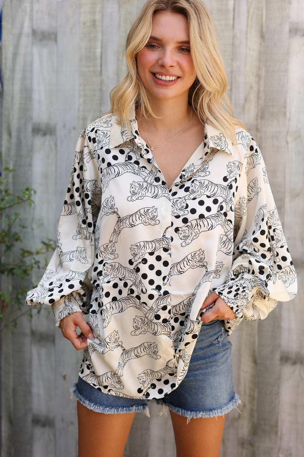 Pick Up - Dazzle in Ivory Satin Button-Down Collared Long Sleeve Blouse
