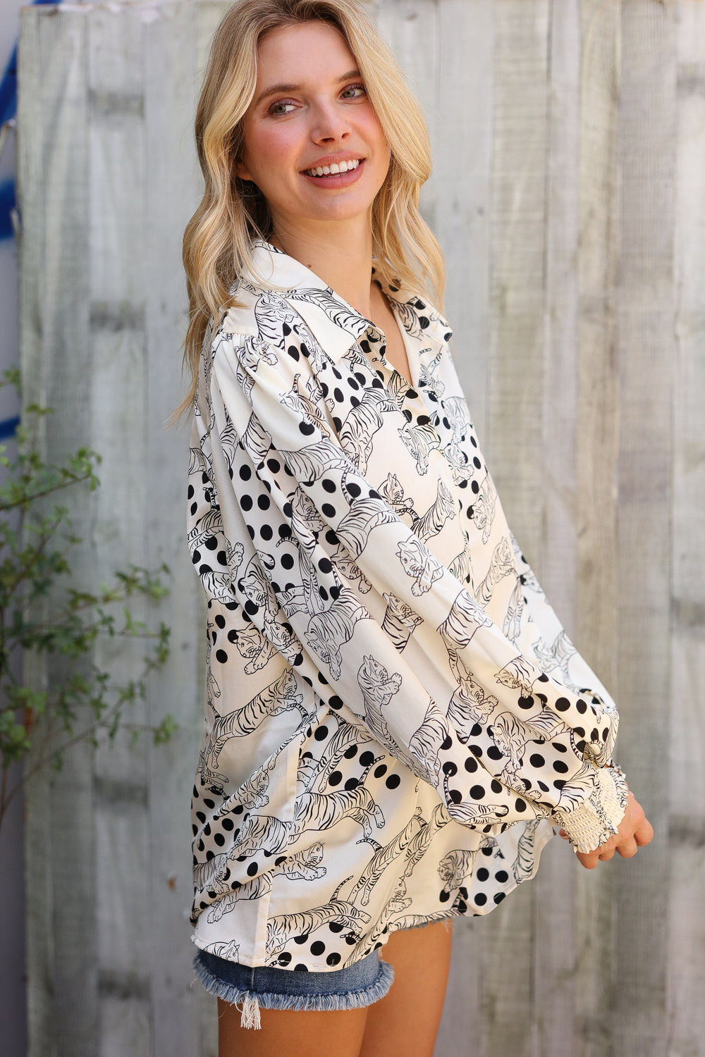 Pick Up - Dazzle in Ivory Satin Button-Down Collared Long Sleeve Blouse