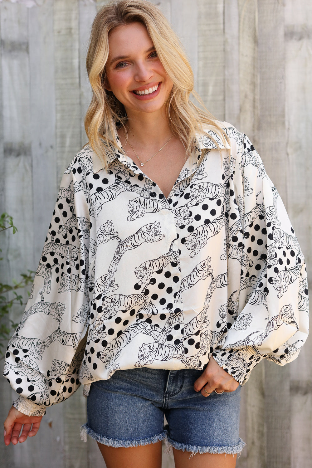 Pick Up - Dazzle in Ivory Satin Button-Down Collared Long Sleeve Blouse