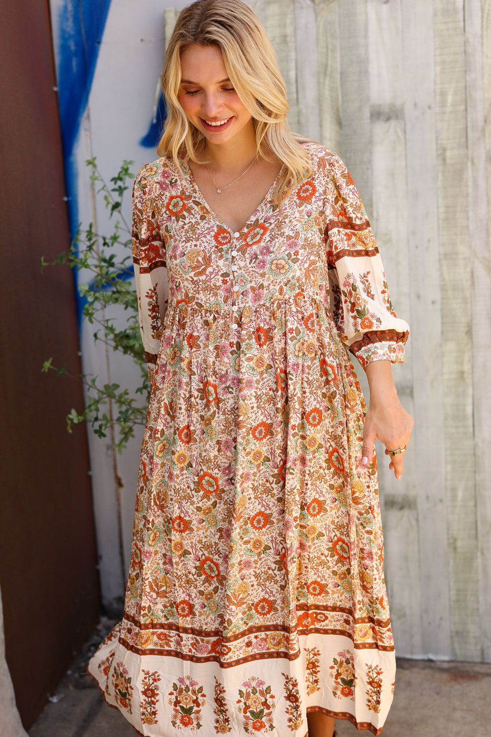 Pick Up - Love Found In Boho Front Button Banded Sleeve Midi Dress