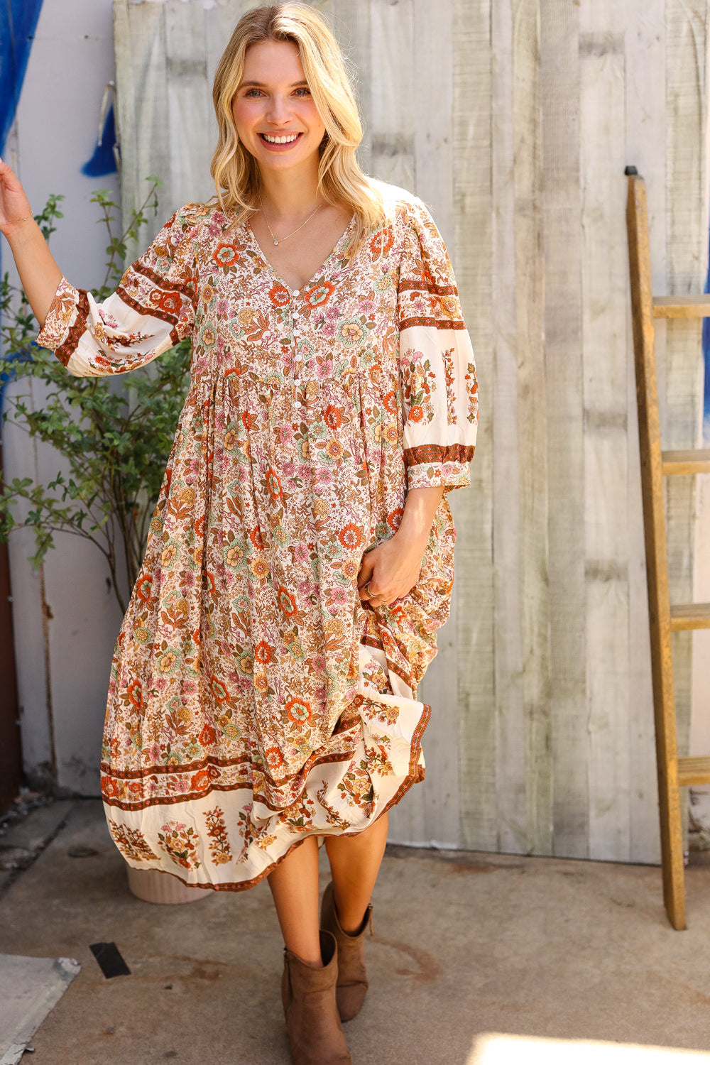 Pick Up - Love Found In Boho Front Button Banded Sleeve Midi Dress