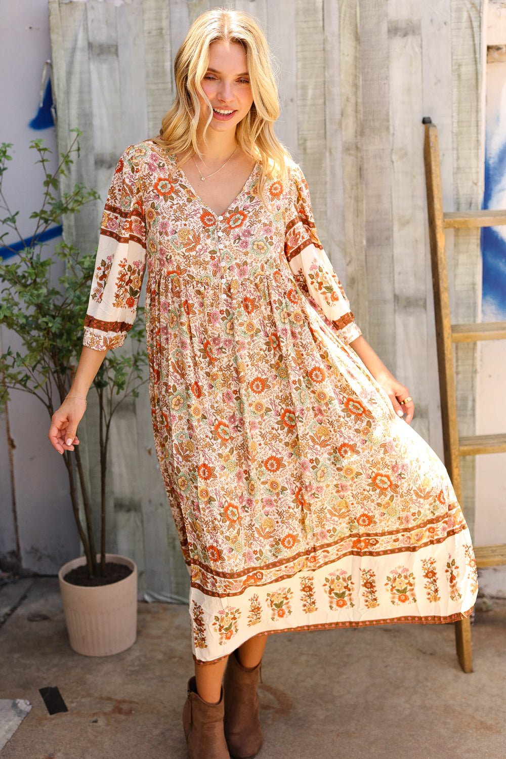 Pick Up - Love Found In Boho Front Button Banded Sleeve Midi Dress