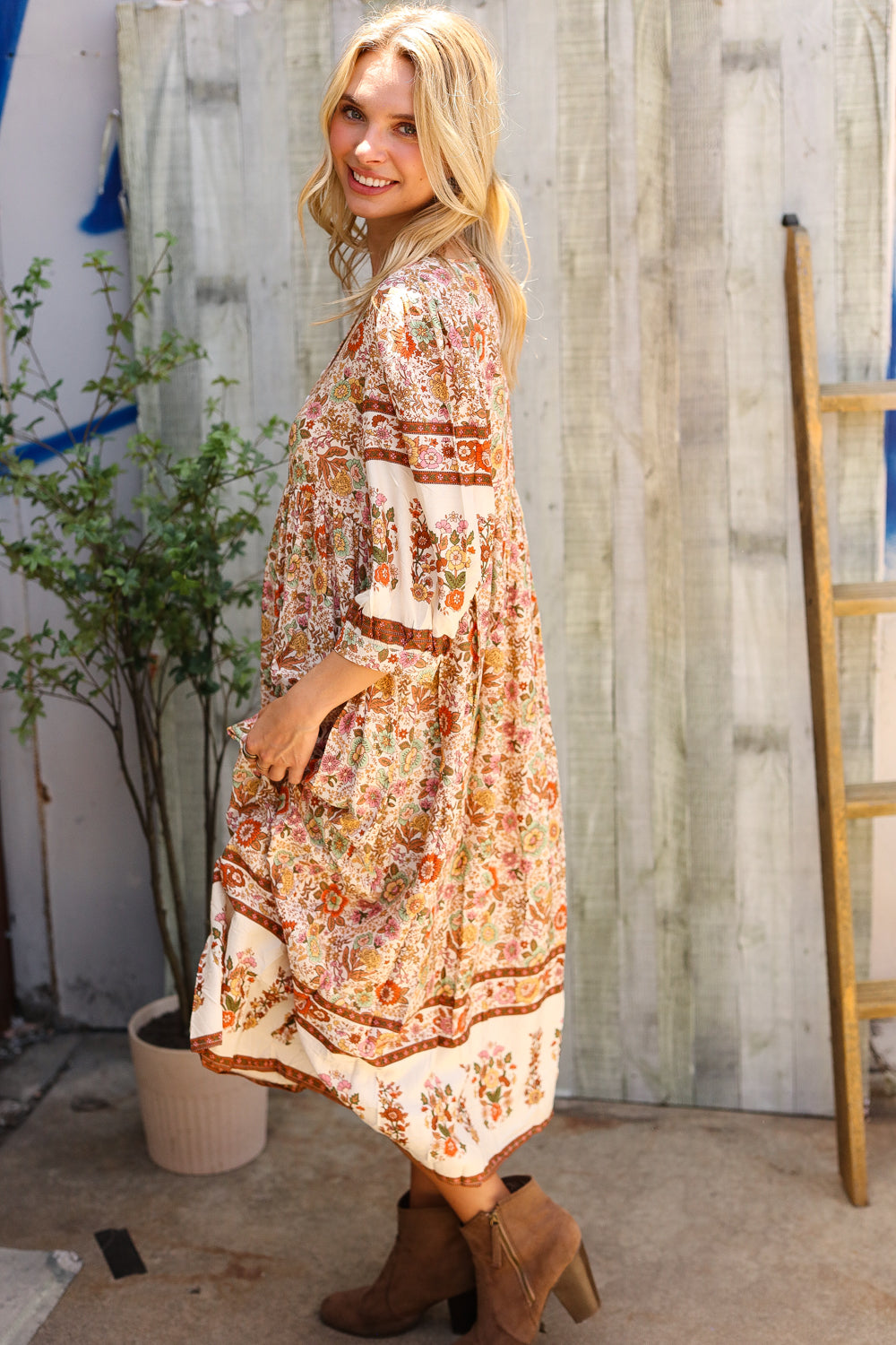 Pick Up - Love Found In Boho Front Button Banded Sleeve Midi Dress