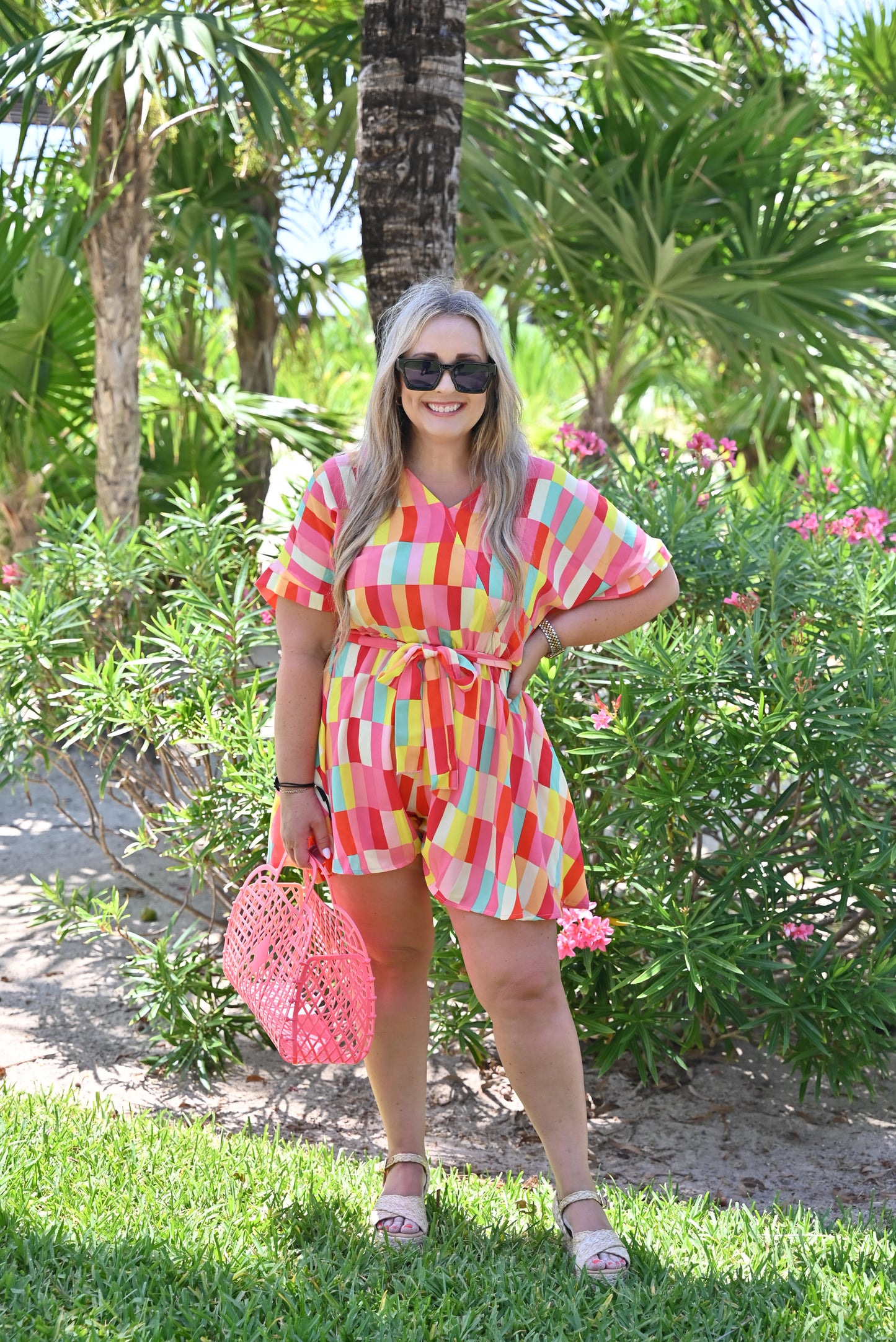 Eyes On You Coral Geo Abstract Surplice Woven Romper