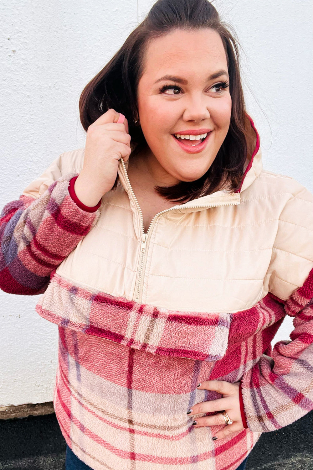 Pick Up - Tried & True Oatmeal & Garnet Plaid Half Zip Puffer Hoodie