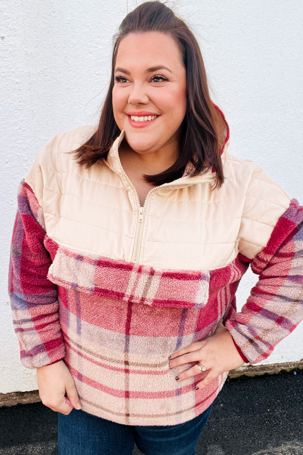 Pick Up - Tried & True Oatmeal & Garnet Plaid Half Zip Puffer Hoodie