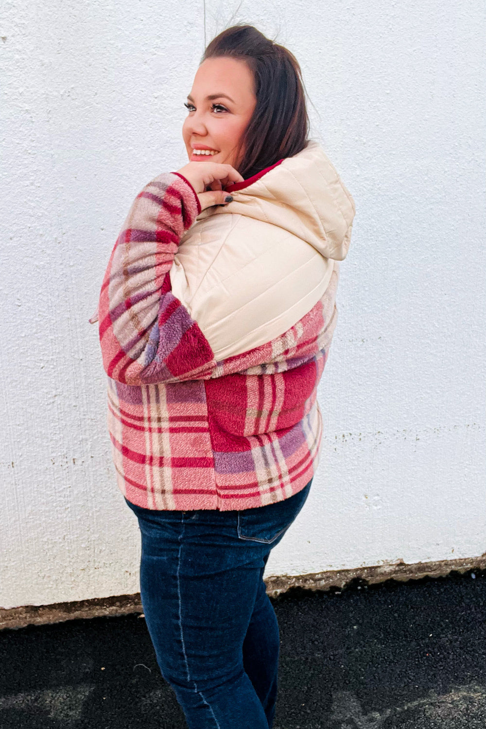 Pick Up - Tried & True Oatmeal & Garnet Plaid Half Zip Puffer Hoodie