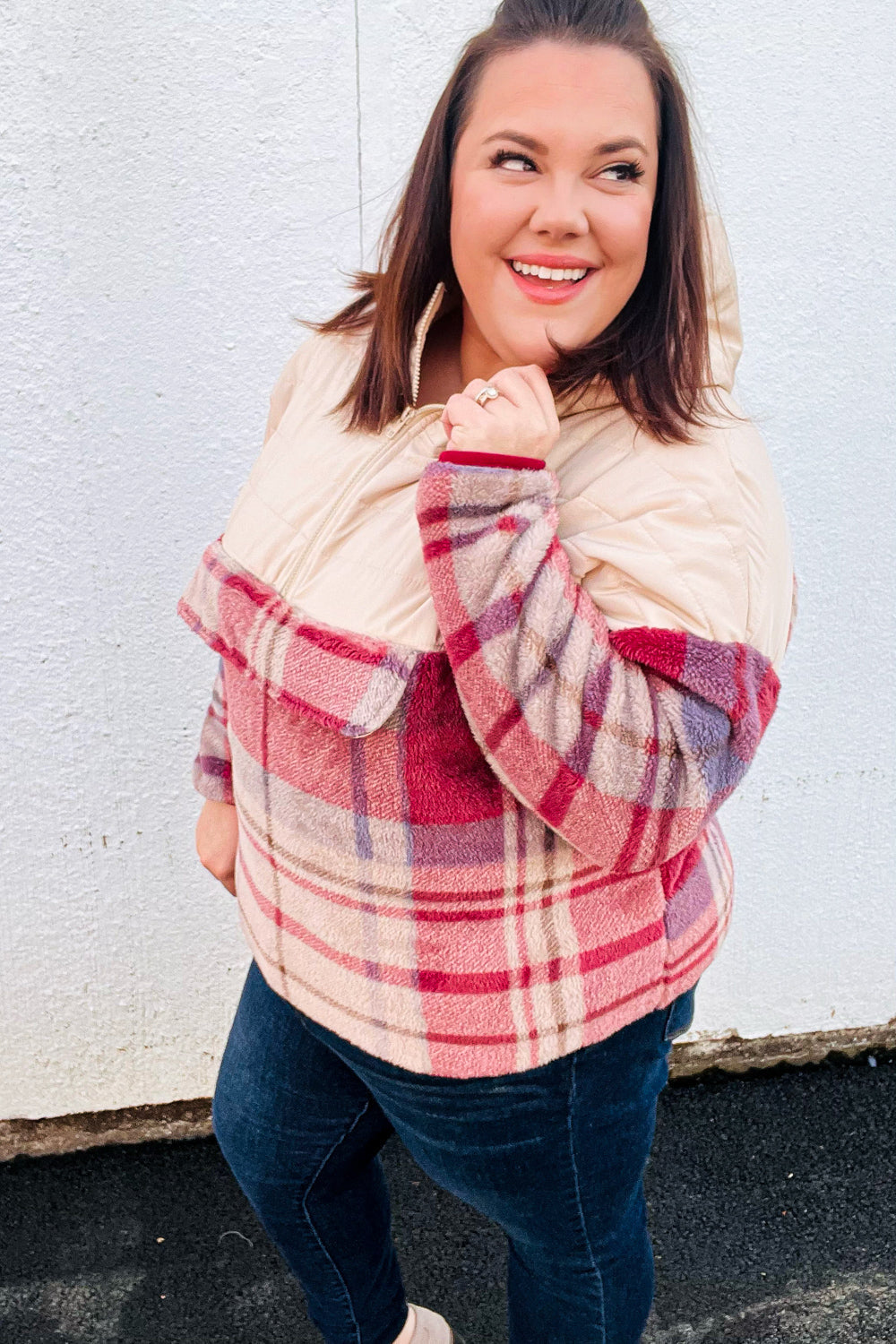 Pick Up - Tried & True Oatmeal & Garnet Plaid Half Zip Puffer Hoodie