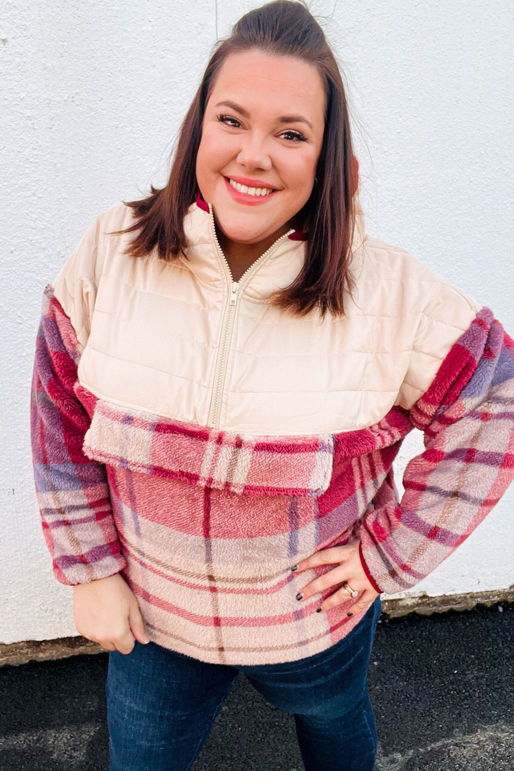 Pick Up - Tried & True Oatmeal & Garnet Plaid Half Zip Puffer Hoodie