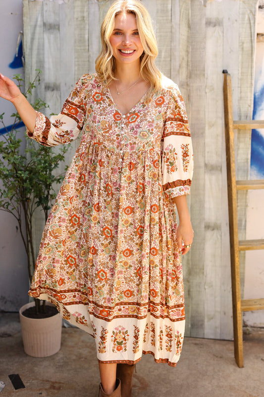 Pick Up - Love Found In Boho Front Button Banded Sleeve Midi Dress